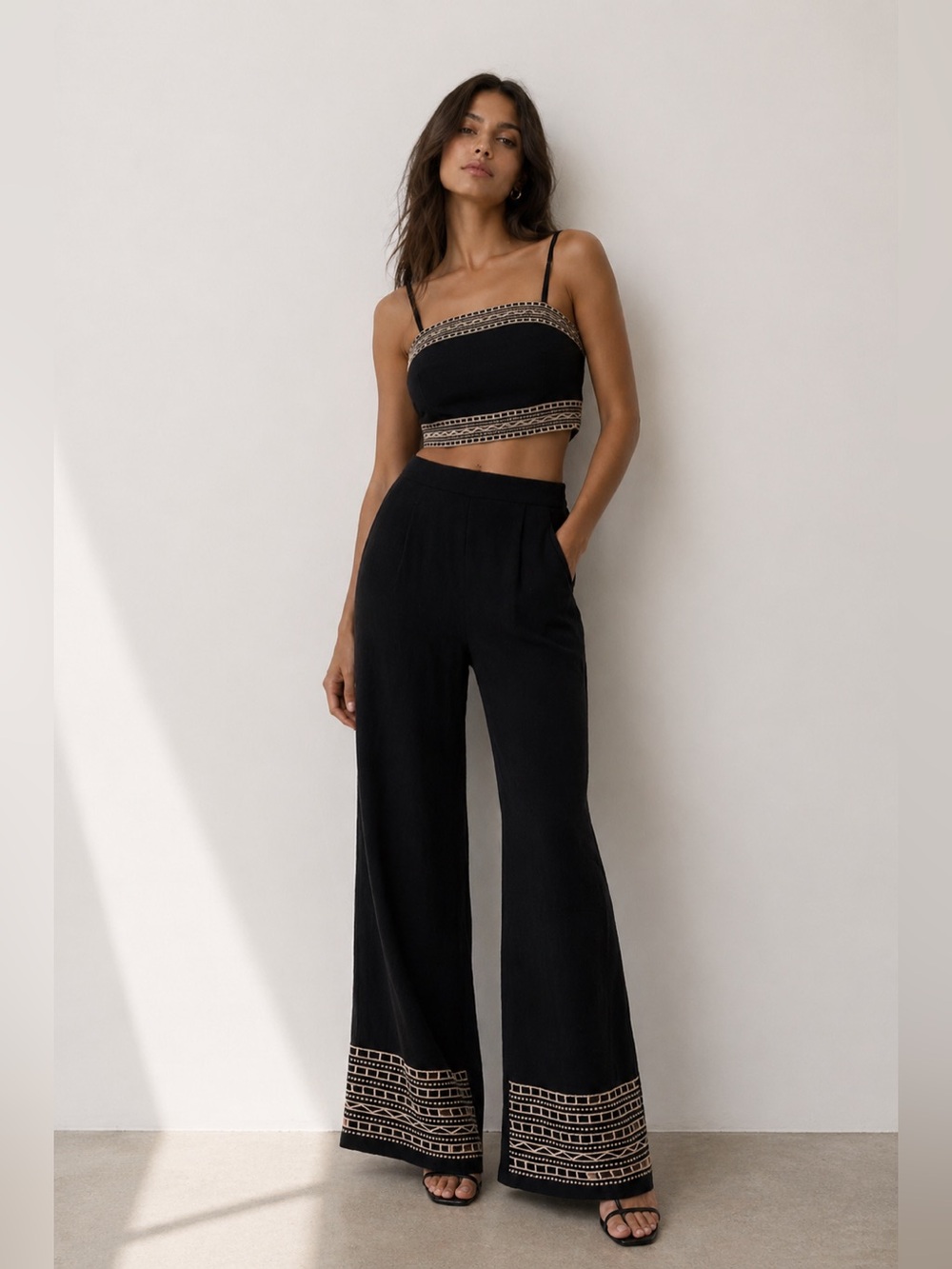 Linen blend Blogger favorite SLEEVELESS CROP TOP & WIDE LEG PANTS EMBROIDERY